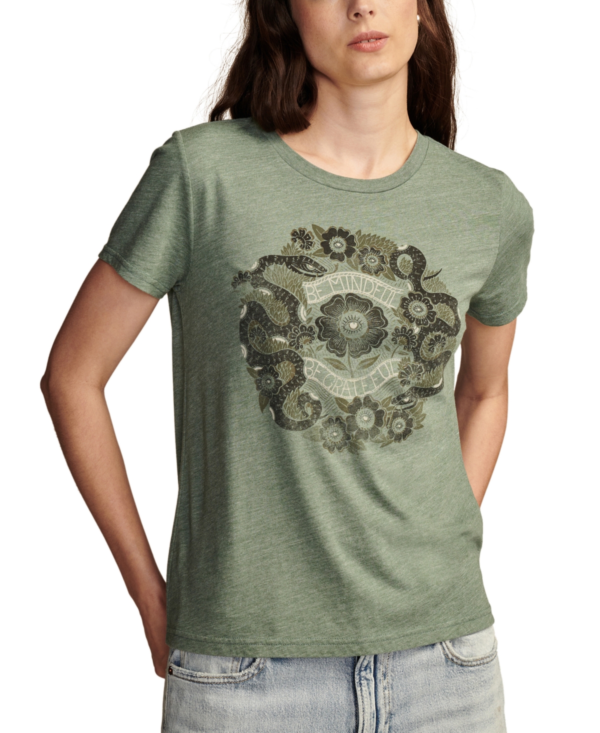 Lucky Brand Women's Be Mindful Be Grateful Snake Crewneck T-shirt In Vintage Jade