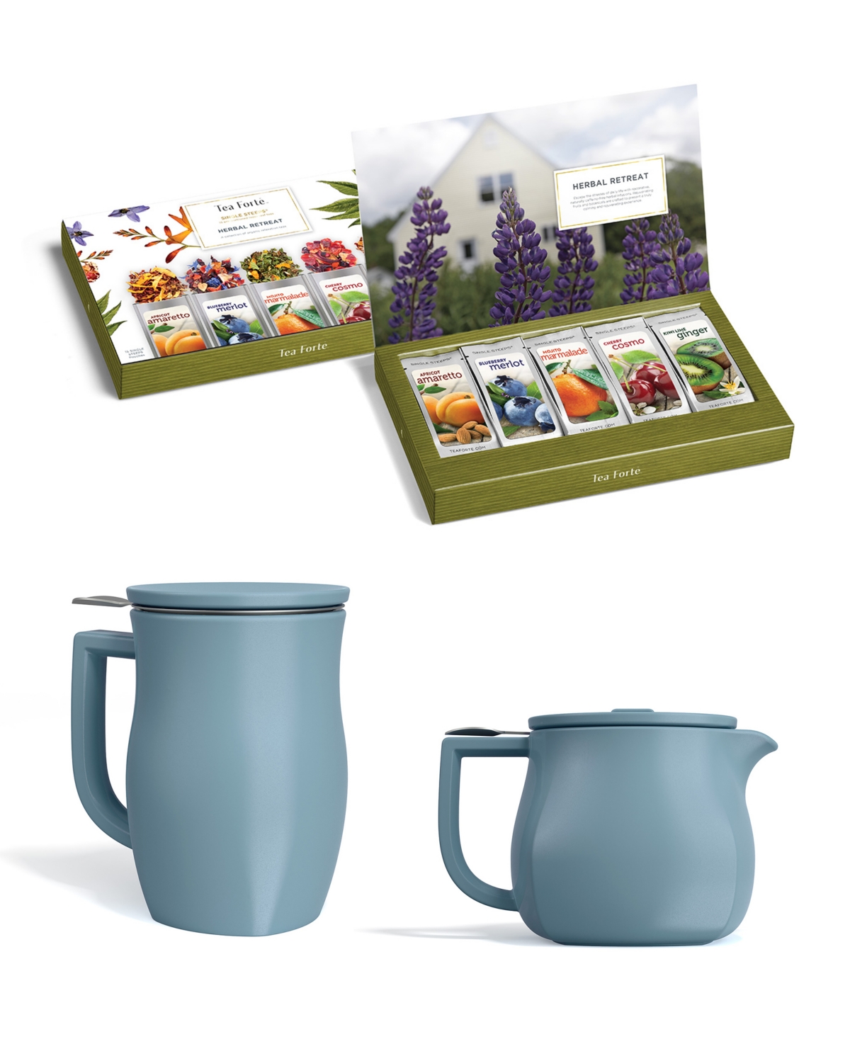 Tea Forte Fiore Stone Blue Teaware And Single Steeps Tea Bundle, 4 Piece In No Color