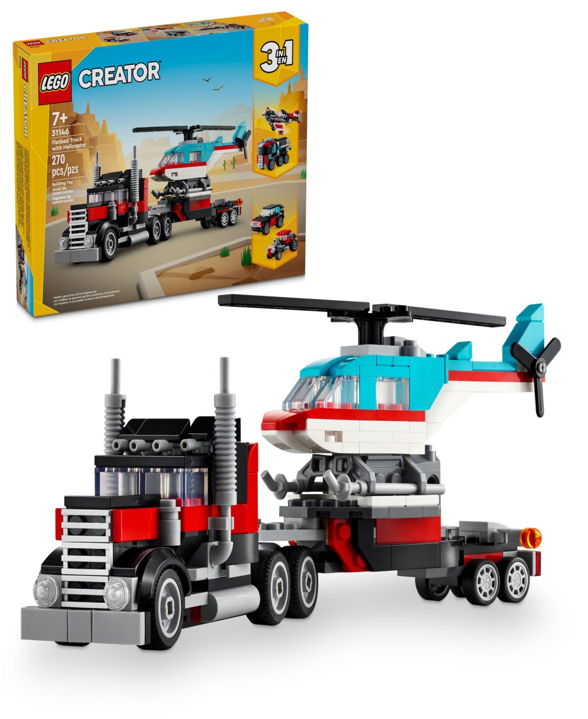 Lego Creator 3 In 1 Flatbed Truck With Helicopter Toy 31146, 270 Pieces In Multicolor
