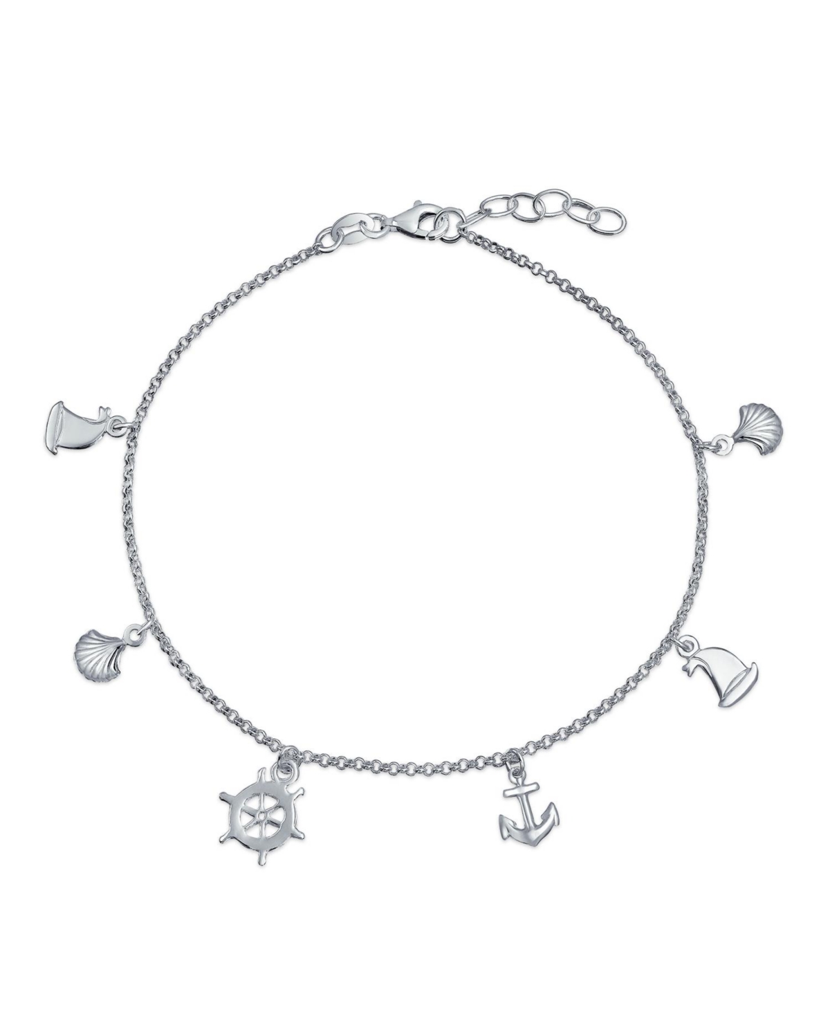 Nautical Multi Charm Dangle Anchor Sailboat Ship Wheel Sea Shell Anklet Ankle Bracelet For Women.925 Sterling Silver Adjustable 9 To 10 Inch With Exte