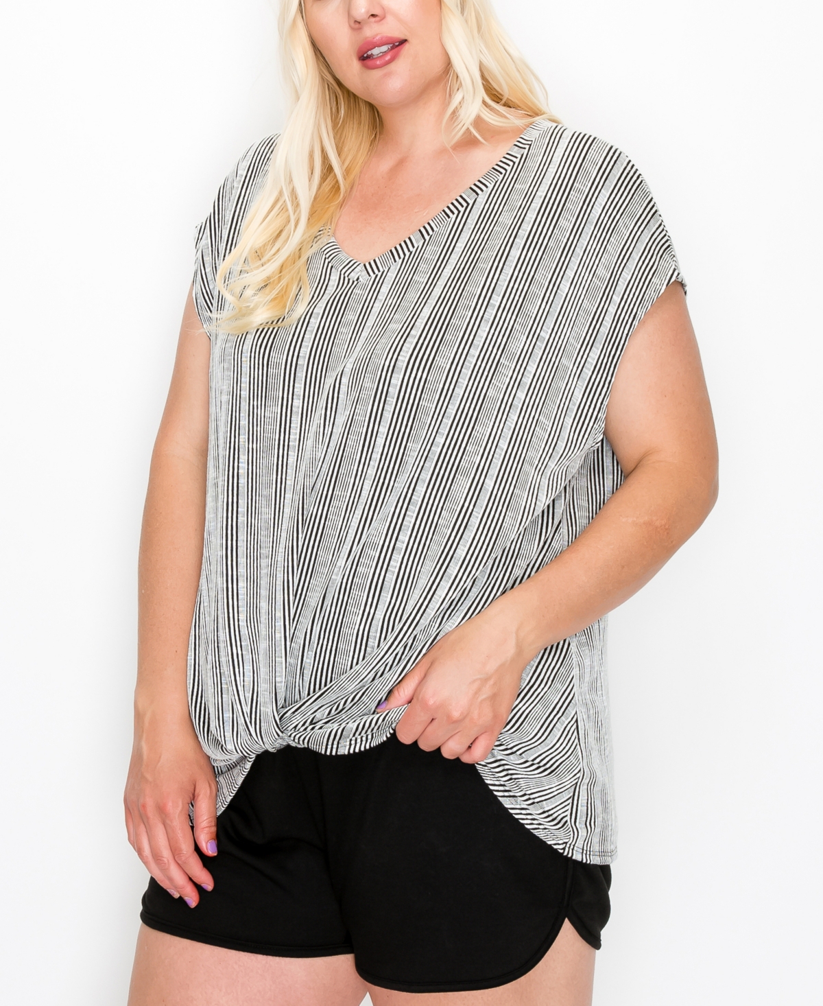 Shop Coin 1804 Plus Size Variegated Textured Stripe V Neck Twist Front Top In Black Ivory