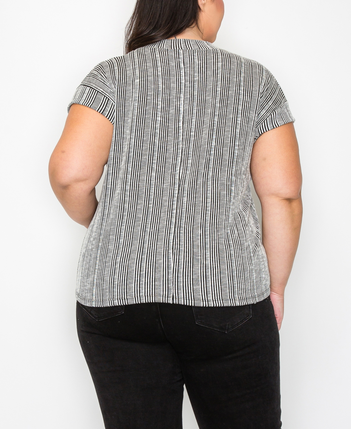 Shop Coin 1804 Plus Size Variegated Textured Stripe V Neck Band Sleeve Top In Black Ivory