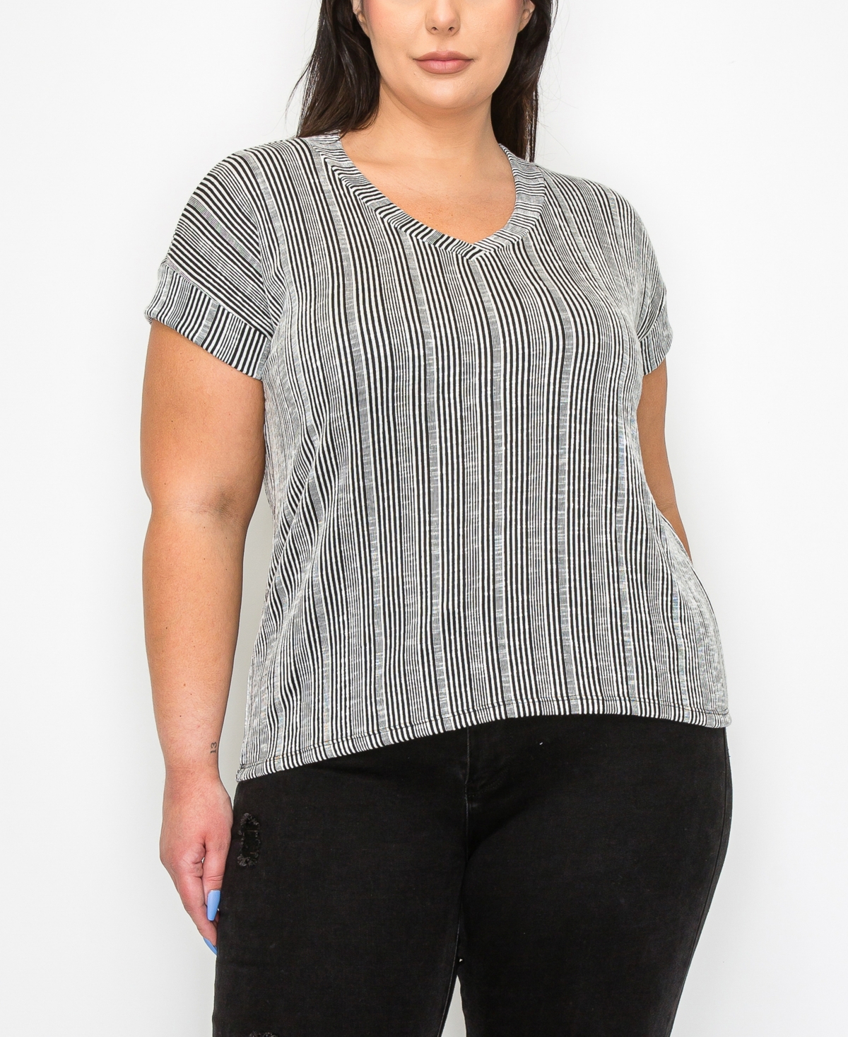 Coin 1804 Plus Size Variegated Textured Stripe V Neck Band Sleeve Top In Black Ivory
