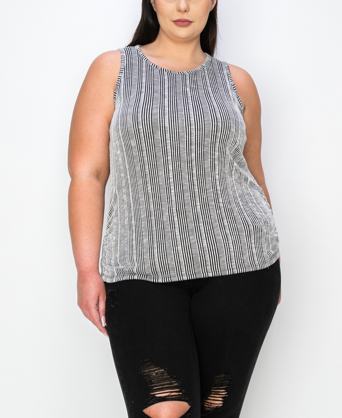 Plus Size Variegated Textured Stripe Ruched Tank Top - Black Ivory