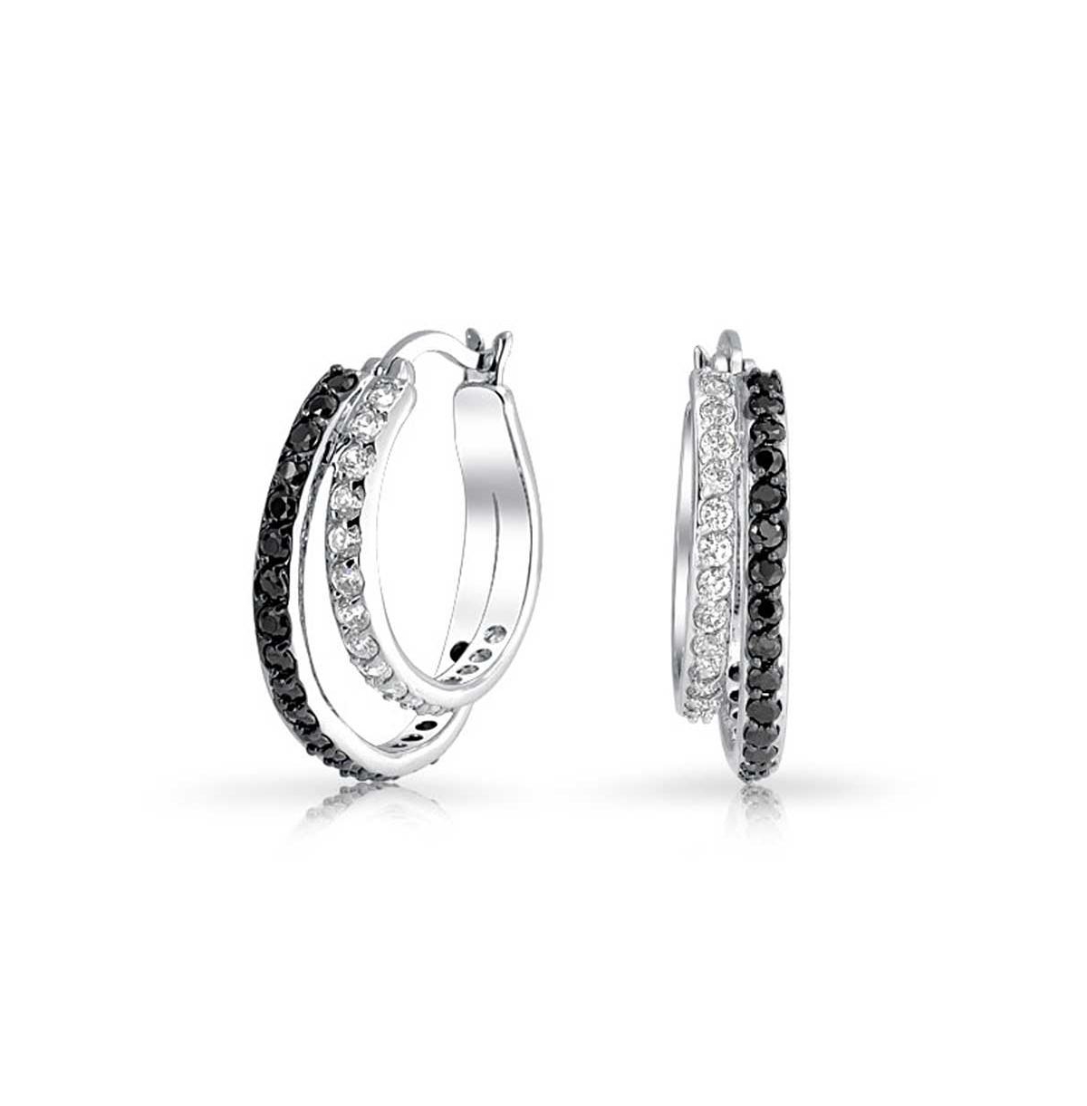Black White Circle Cubic Zirconia Pave Cz Prom Double Hoop Earrings For Women 1.5 Inch Diameter - Black
