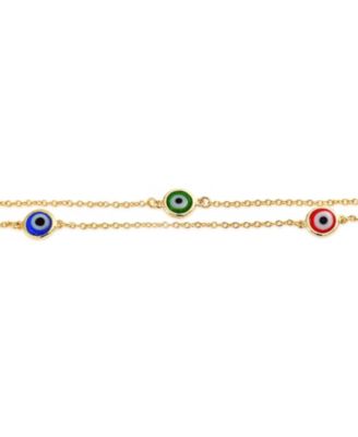 Protection Amulet Minimalist Delicate Multi Color Evil Eye Anklet Ankle Bracelet Yellow Gold Plated .925 Sterling Silver Chain 9-10 Inch Adjustable