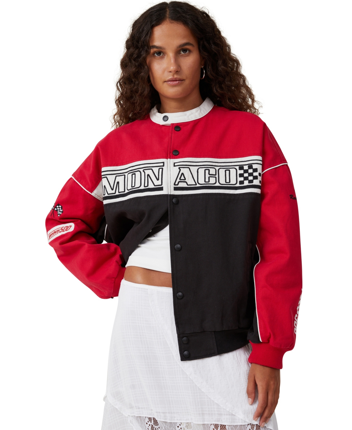 Shop Cotton On Women's Racing Moto Oversized Jacket In Speedway,red,washed Black