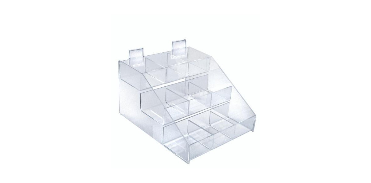 Three-Tier Shelf, 9 Compartment Counter Step Display, 12" wide