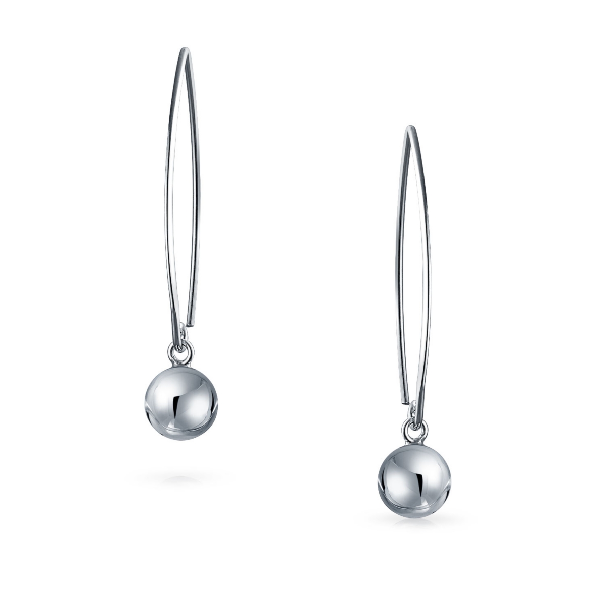 Bling Jewelry Minimalist Geometric Linear Long Thin Ear Wire Threader Ball Drop Earrings For Women Sterling8MM Bead - Silver
