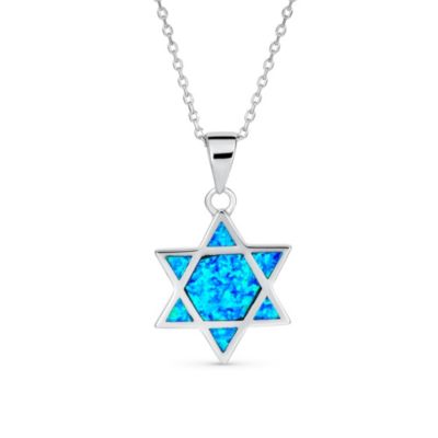 Hanukkah Magen Judaic Created Synthetic Opal Inlay Star Of David Pendant Necklace Bat Mitzvah Sterling