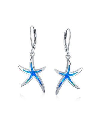 Nautical Aquatic Tropical Beach Vacation Iridescent Created Opal Inlay Starfish Dangle Drop Lever back Earrings Sterling Silver