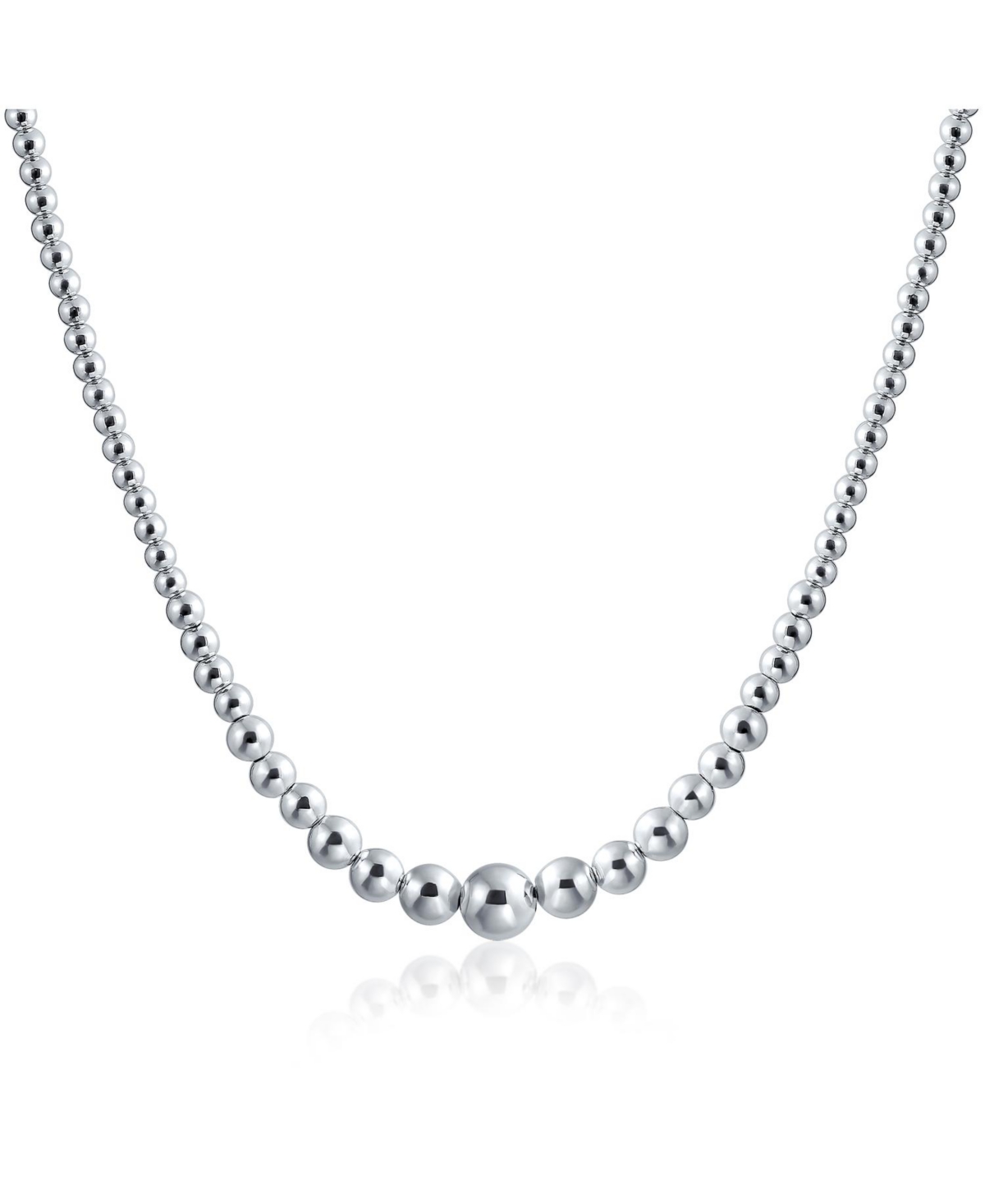 Traditional Classic Shinny Polished .925 Sterling Silver Graduated Round Lightweight Bead Ball Strand Necklace For Women 16 Inch Hand Strung - Silver