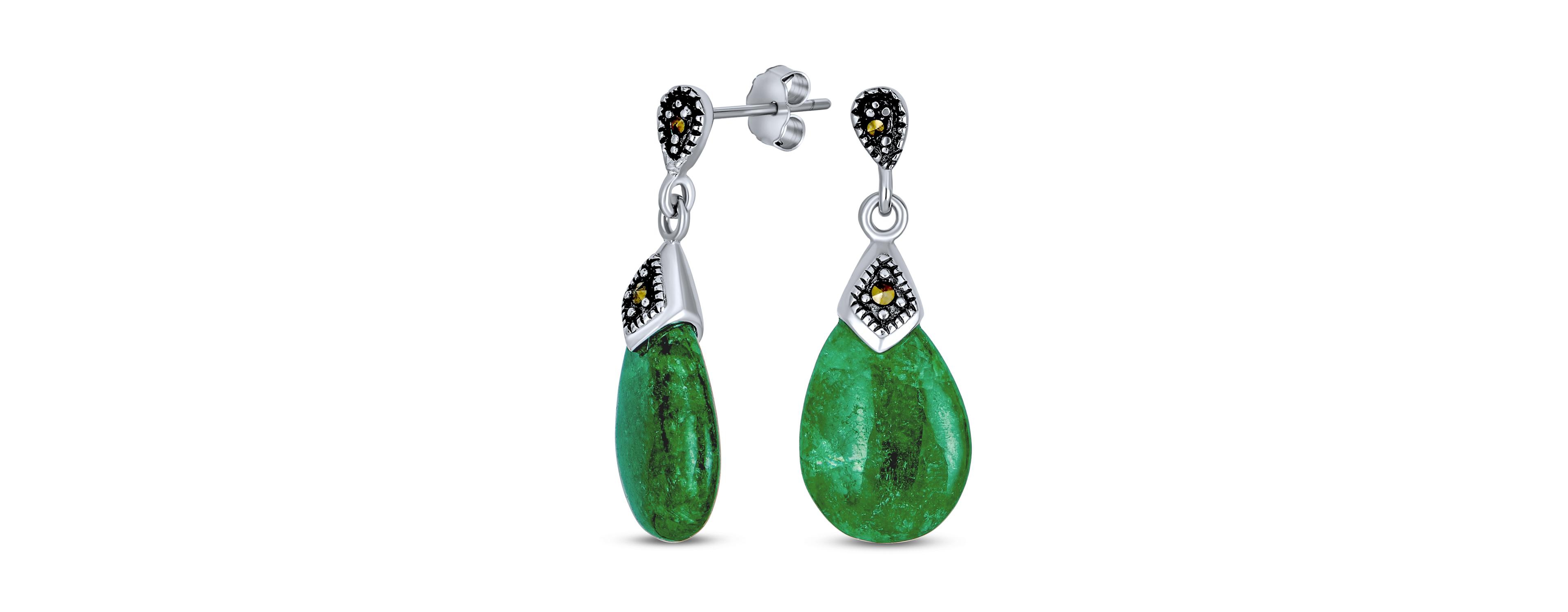 Bling Jewelry Bali Marcasite Accent Pear Shaped Chandelier Dangle Teardrop Green Natural Jade Drop Earrings Two Tone Oxidized Sterling Silver