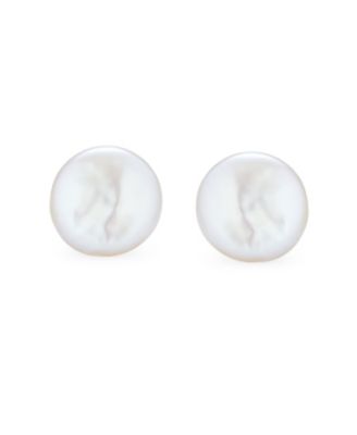 Baroque Irregular Round Coin Shaped White Biwa Coin Freshwater Cultured Pearl Stud Earrings Sterling Silver