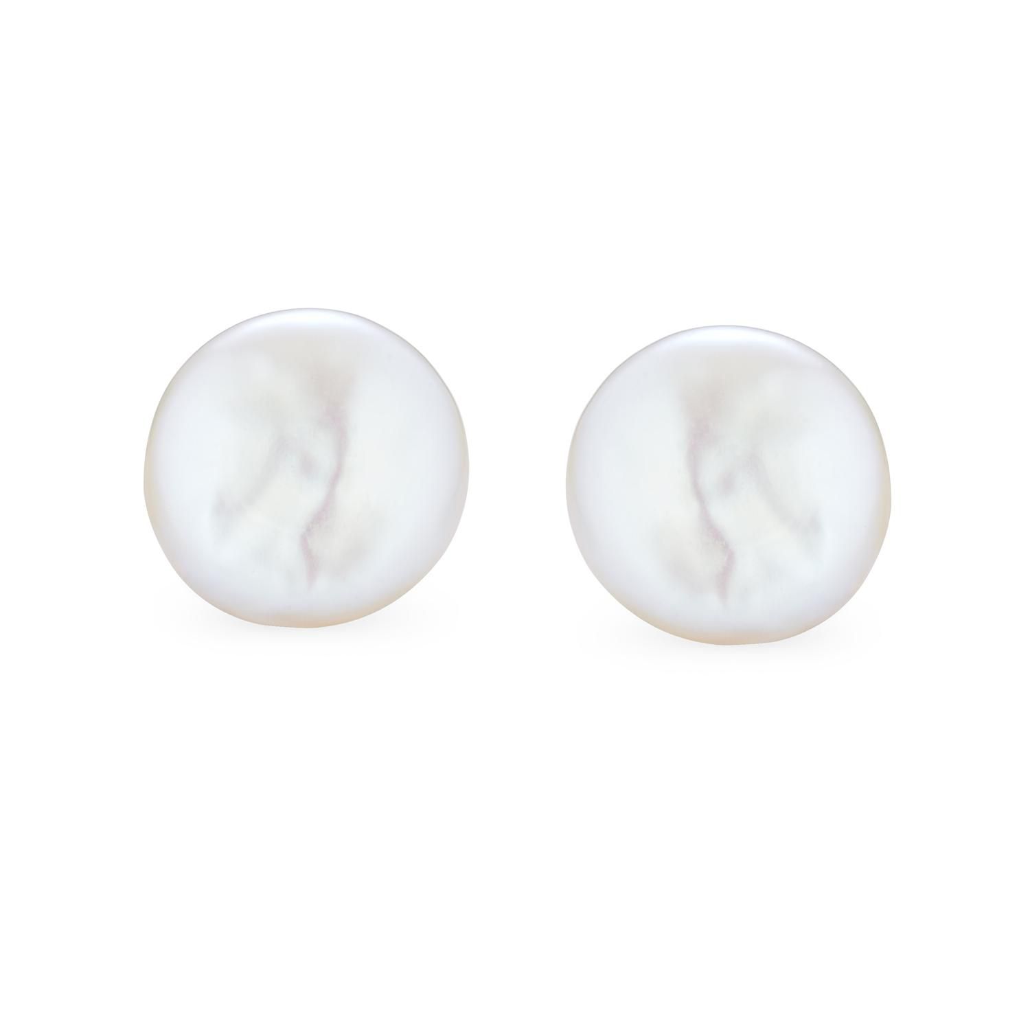 White Biwa Baroque Irregular Round Coin Pearl Stud Earrings Sterling Silver
