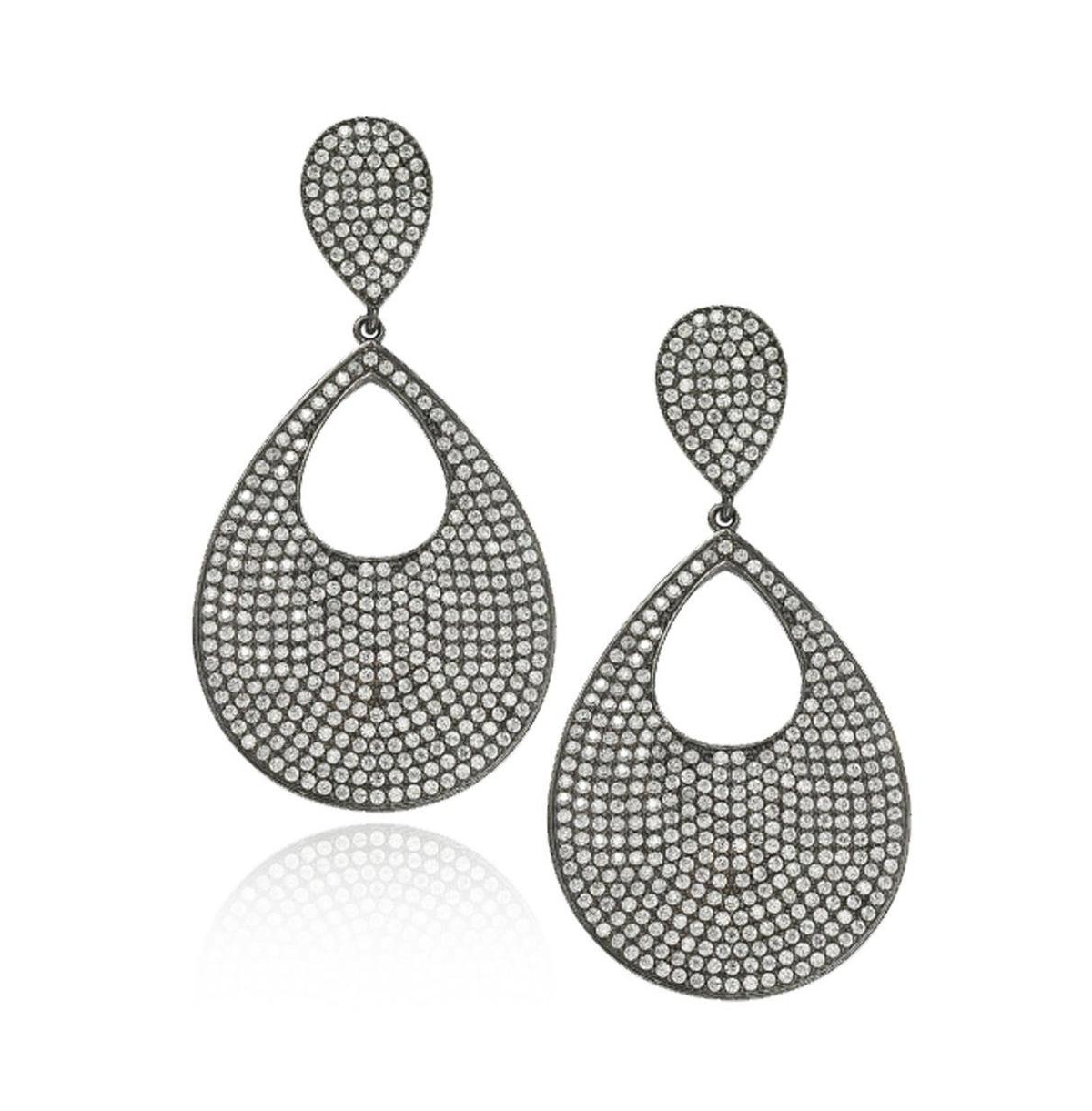 Suzy Levian Sterling Silver Cubic Zirconia Oversized Pave Tear Drop Disk Dangle Earrings - Blackened