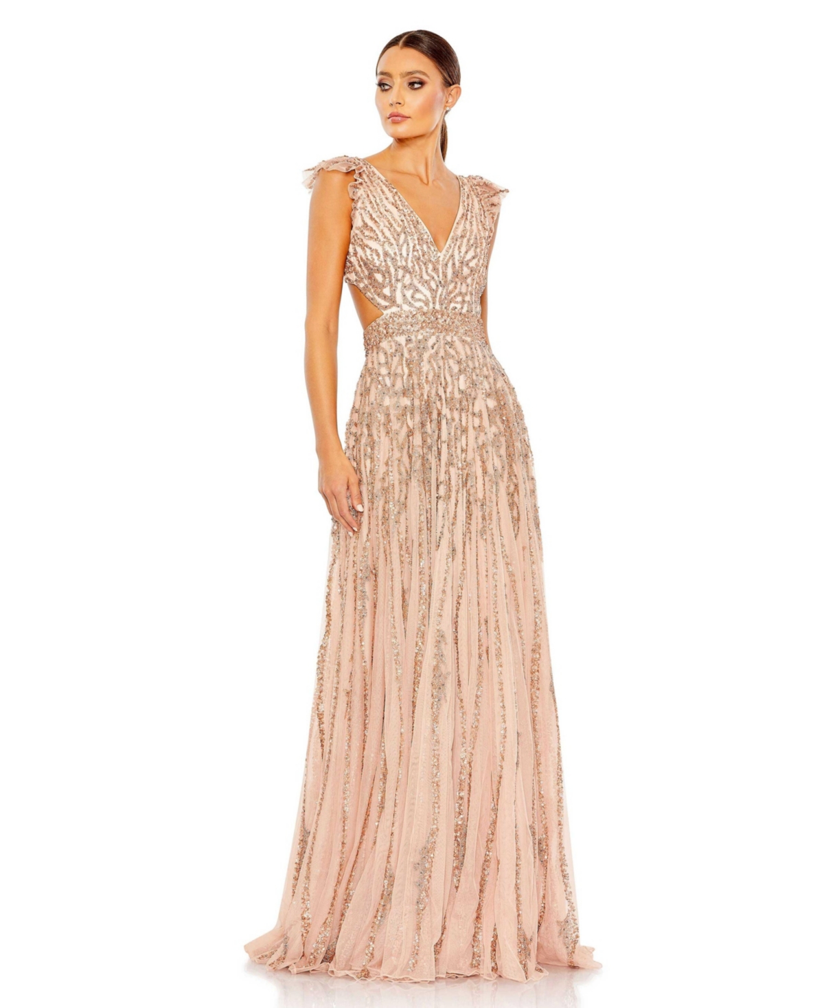 Women's Sequined Flutter Cap Sleeve Cut Out A Line Gown - Apricot
