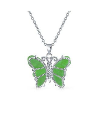 Handcrafted Carved Green Natural Jade Garden Butterfly Pendant Necklace For Women Sterling Silver With Chain