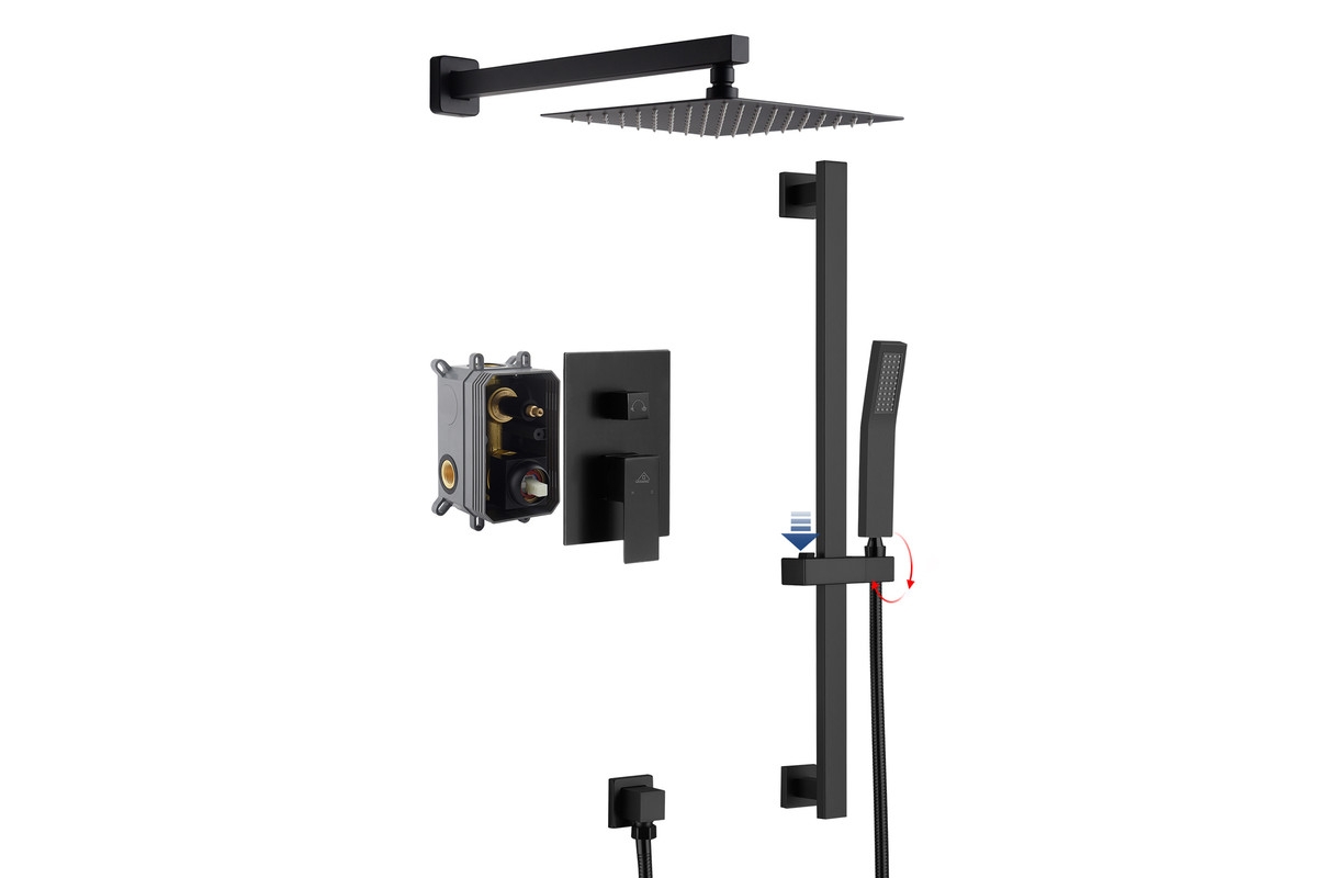 10" Inch Wall Mounted Square Shower System Set with Handheld Spray & Slidebar - Matte black