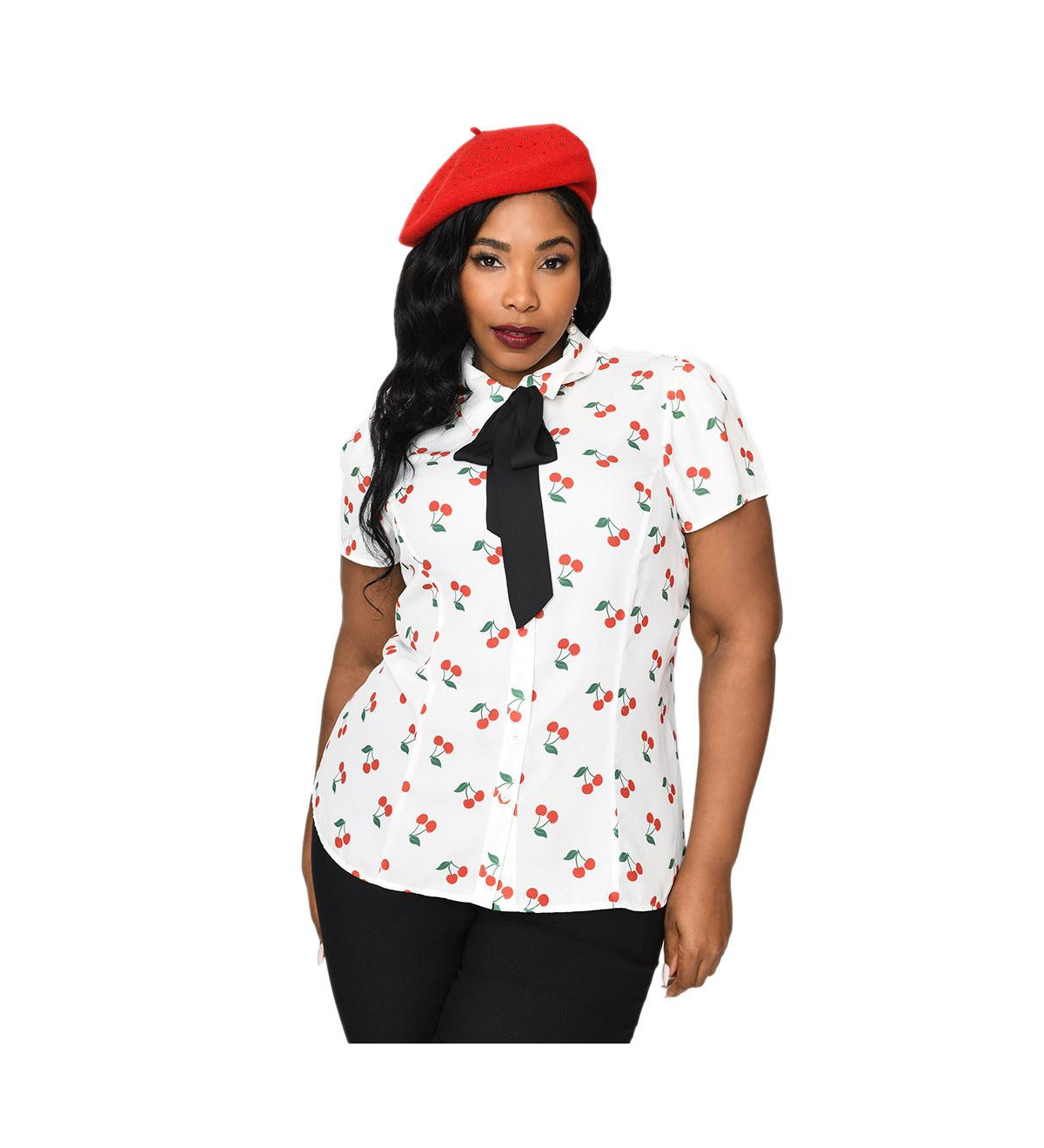 Plus Size Bow Collared Short Sleeve Power Play Blouse - White/red cherries