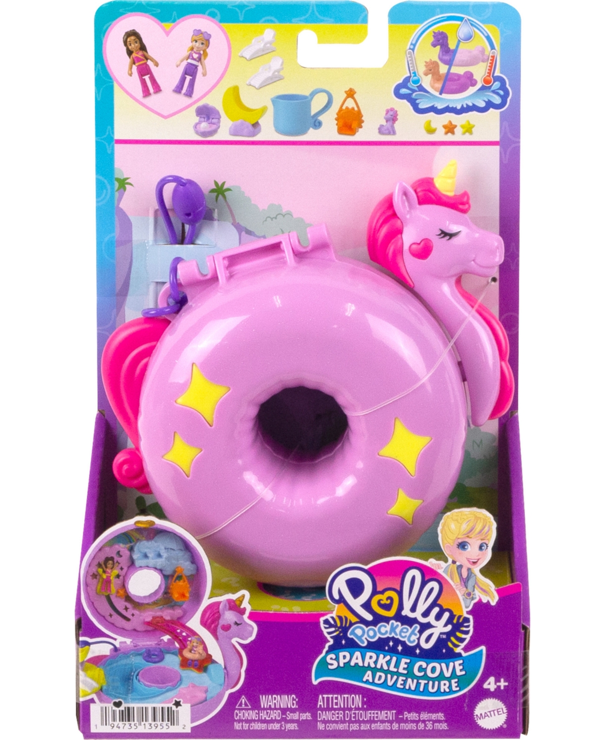 Polly Pocket Dolls and Playset, Unicorn Toys, Sparkle Cove Adventure Unicorn Floatie Compact