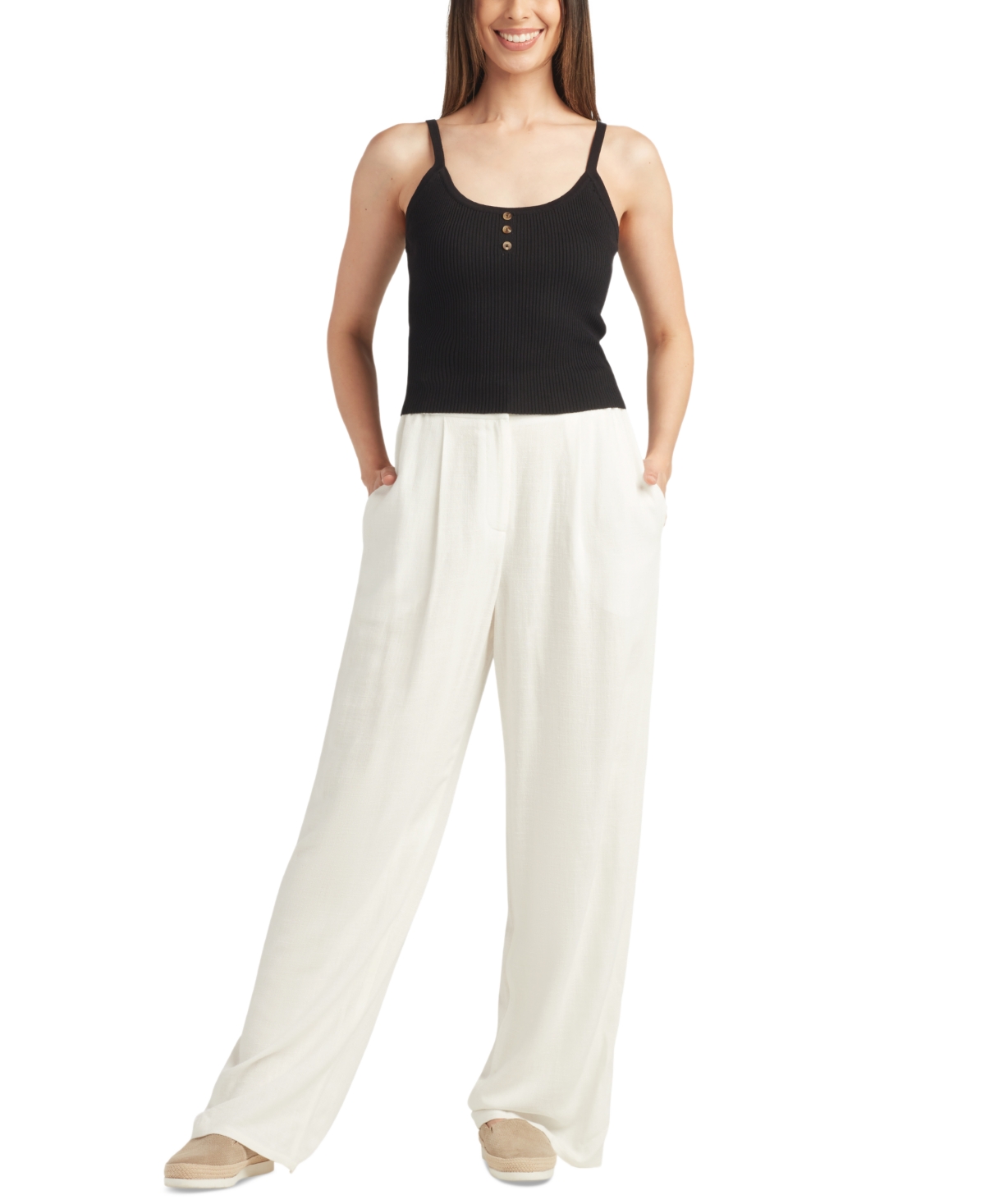 Shop Bcx Juniors' Solid Paper-bag-fit Long Mid-rise Pants In Off White