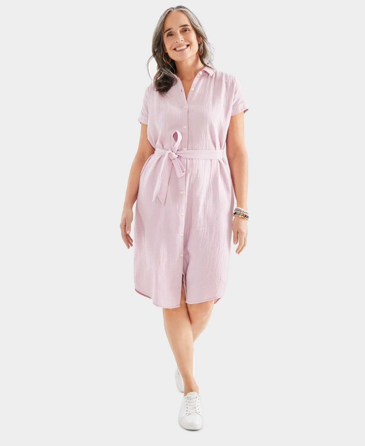 Women's Cotton Gauze Short-Sleeve Shirt Dress, Created for Macy's - Blue Stripe