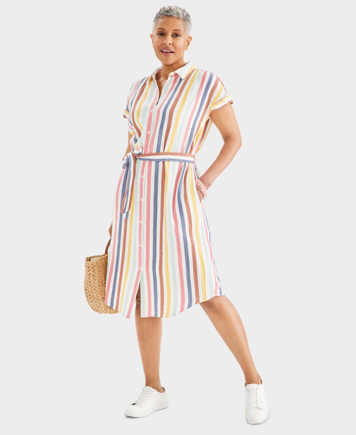 Women's Cotton Gauze Short-Sleeve Shirt Dress, Created for Macy's - Multi Stripe
