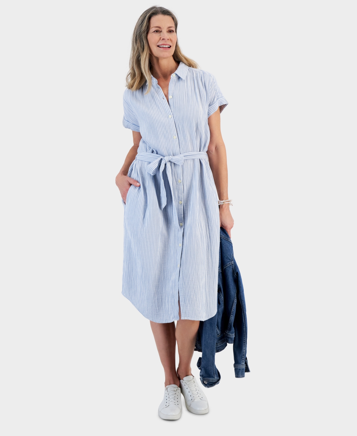 Women's Cotton Gauze Short-Sleeve Shirt Dress, Created for Macy's - Blue Stripe