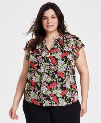 Anne Klein - Plus Size Printed Ruffle-Sleeve Tie-Neck Blouse