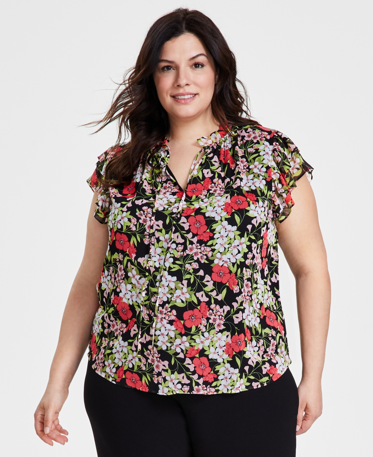 Plus Size Printed Ruffle-Sleeve Tie-Neck Blouse - Anne Black/Red Pear