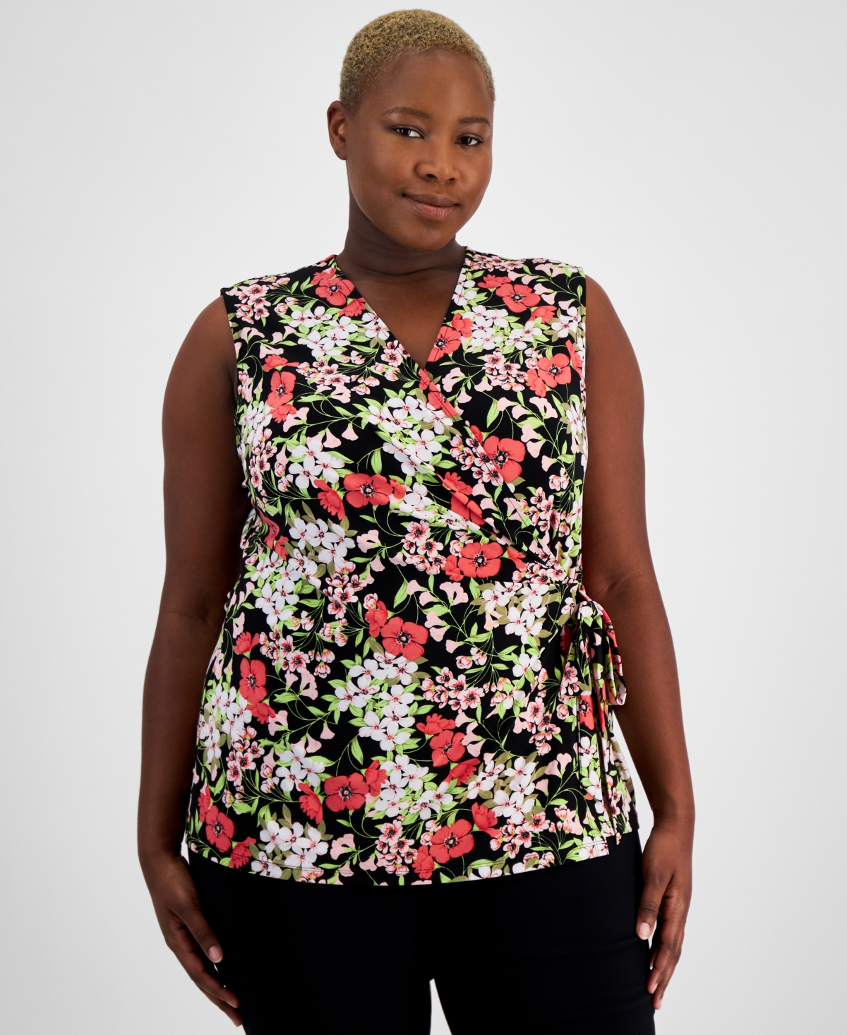 Plus size Printed Faux-Wrap Sleeveless Top, Created for Macy's - Anne Black/Red Pear