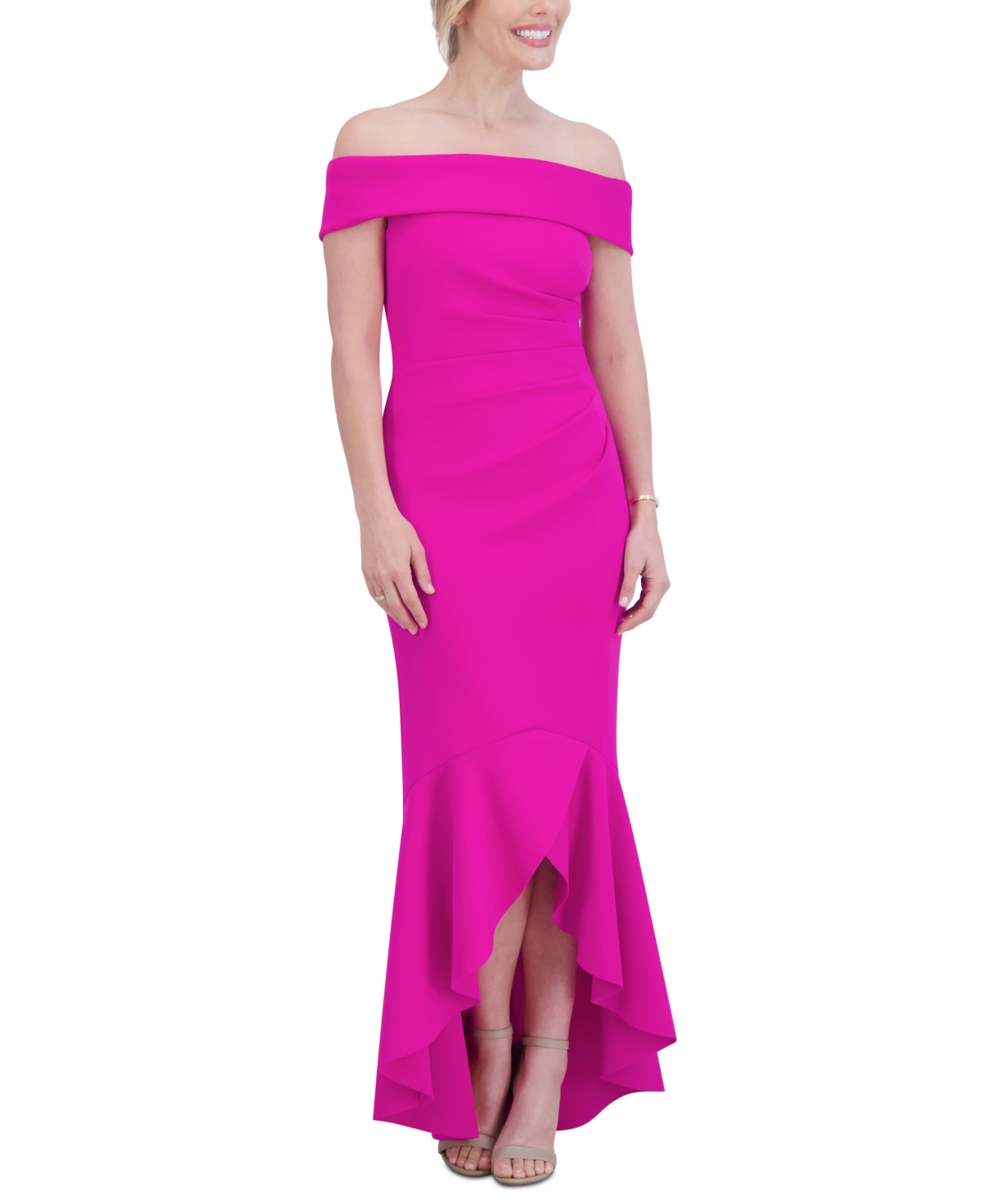 Women's High-Low Off-The-Shoulder Gown - Fuchsia
