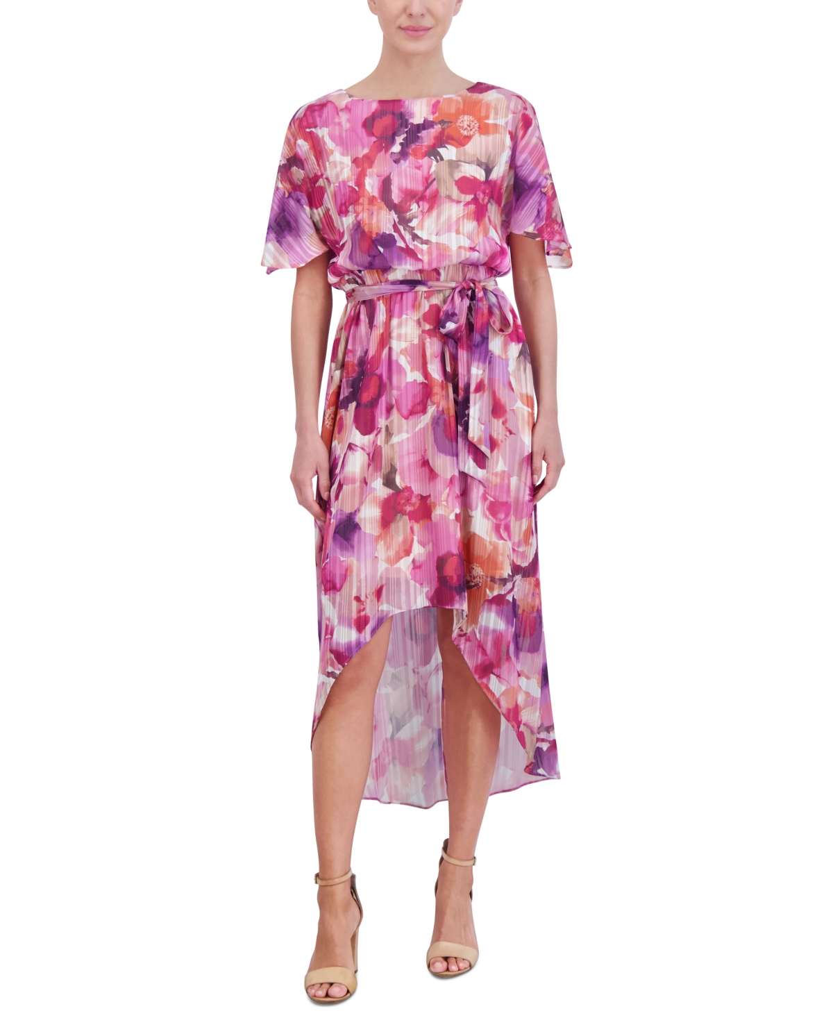 Women's Printed Chiffon High-Low Midi Dress - Pink