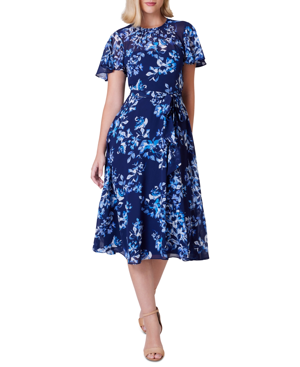 Women's Belted Floral Chiffon Midi Dress - Navy