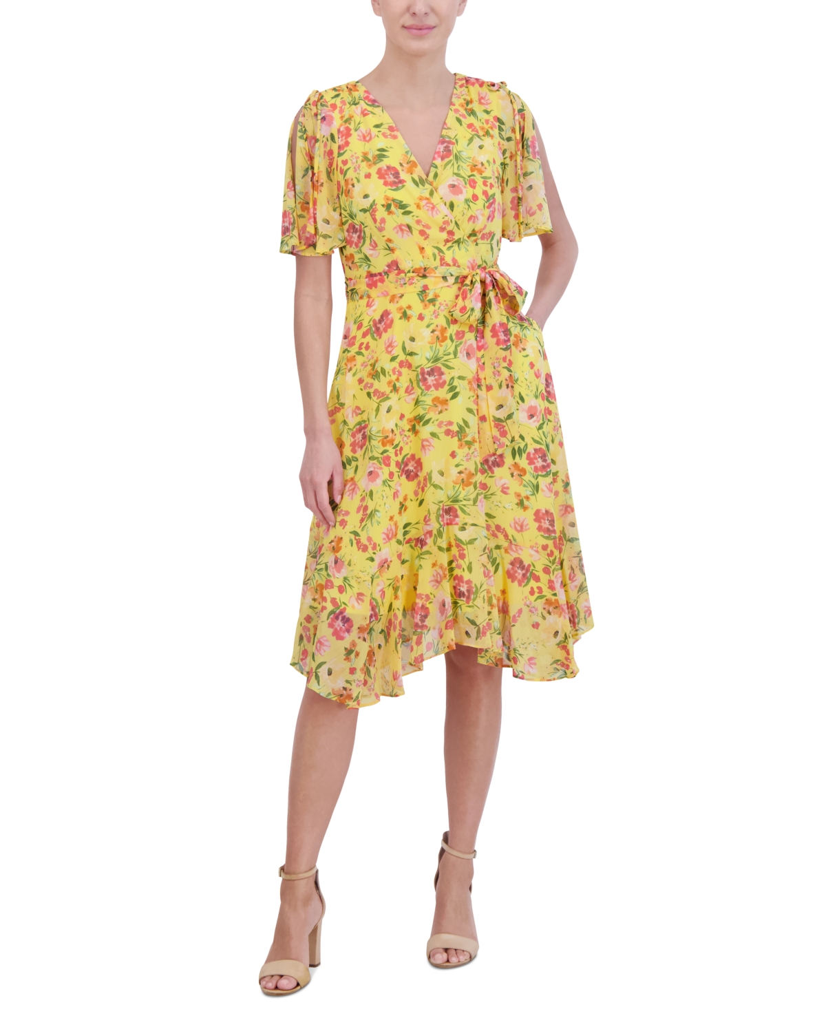 Women's Floral Chiffon Split-Sleeve Dress - Yellow Orange