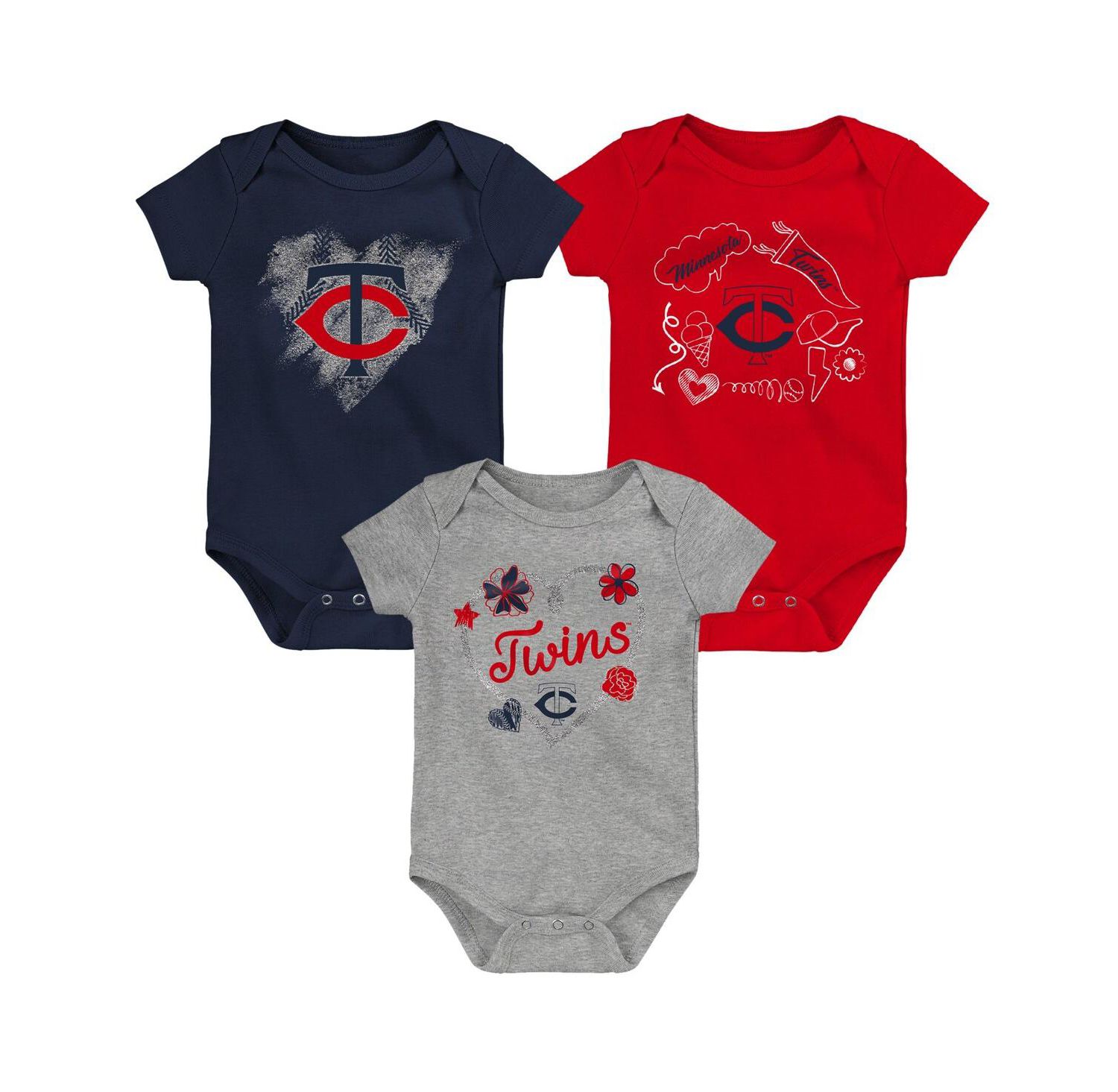 Baby Boys and Girls Navy, Red, Gray Minnesota Twins Batter Up 3-Pack Bodysuit Set