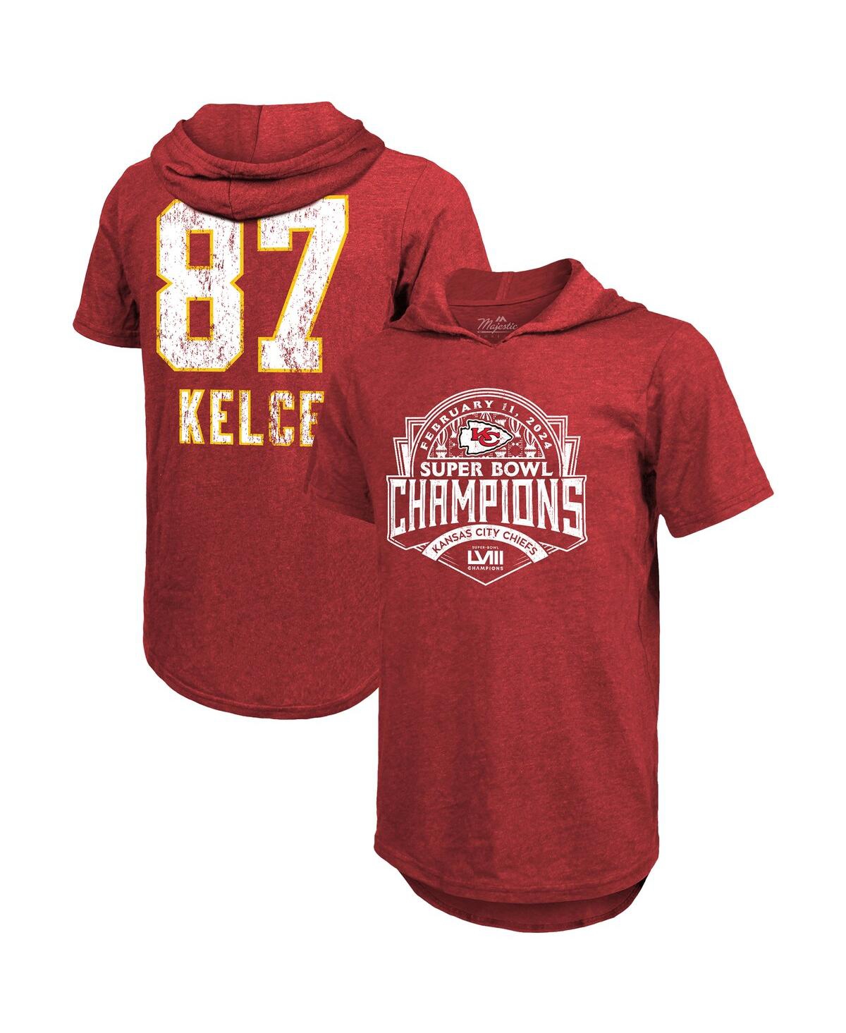 Men's Majestic Threads Travis Kelce Red Distressed Kansas City Chiefs Super Bowl Lviii Player Name and Number Tri-Blend Hoodie T-Shirt - Red