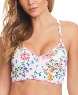 Jessica Simpson - Women's Lace-Up Floral-Print Long-Line Bikini Top