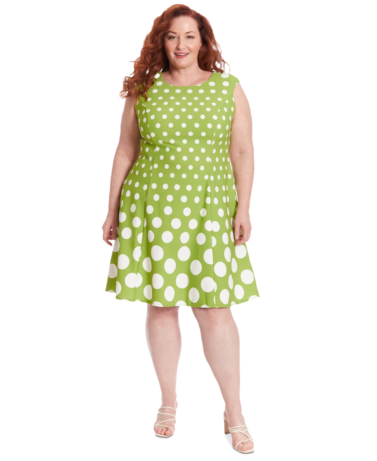Shop London Times Plus Size Polka-dot Fit & Flare Dress In Green White