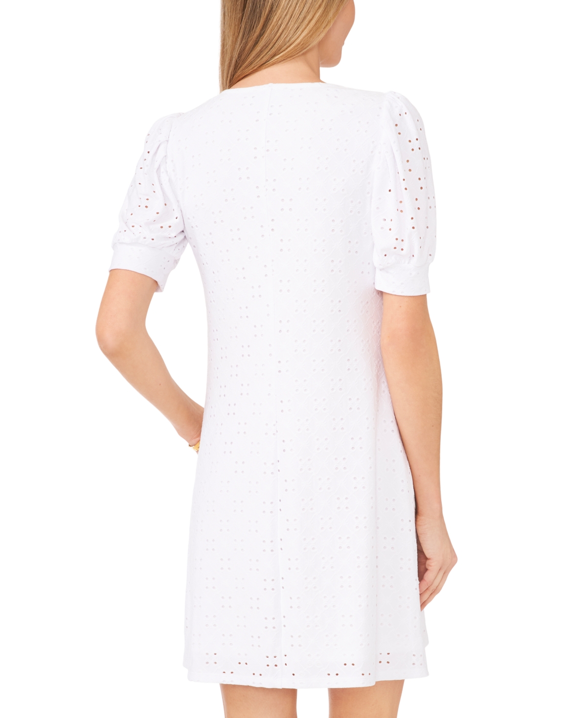 Shop Msk Petite Puff-sleeve Embroidered Eyelet Dress In True White