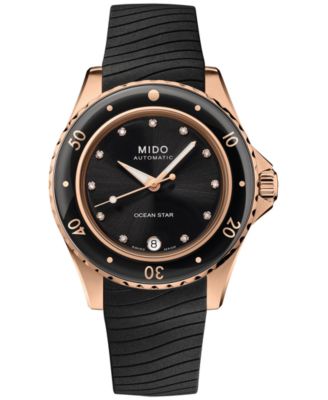 Mido - Women's Swiss Automatic Ocean Star Diamond Accent Black Rubber Strap Watch 37mm