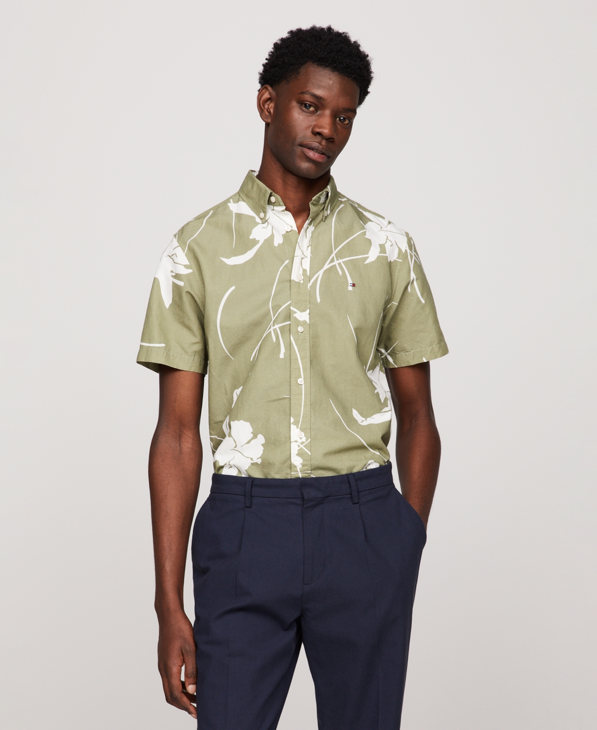 Shop Tommy Hilfiger Men's Short Sleeve Tropical Print Button-down Shirt In Faded Oliv