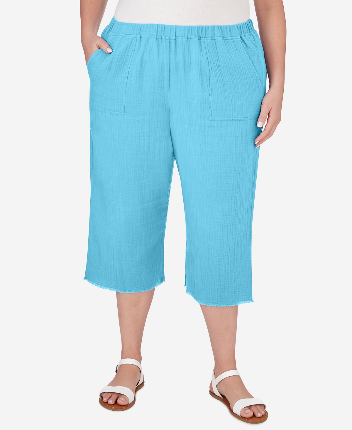 Shop Alfred Dunner Plus Size Summer Breeze Double Gauze Capri Pants In Aqua