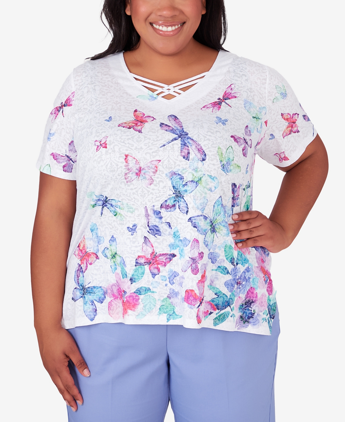 Shop Alfred Dunner Plus Size Summer Breeze Butterfly Border Shirt Sleeve Top In Multi