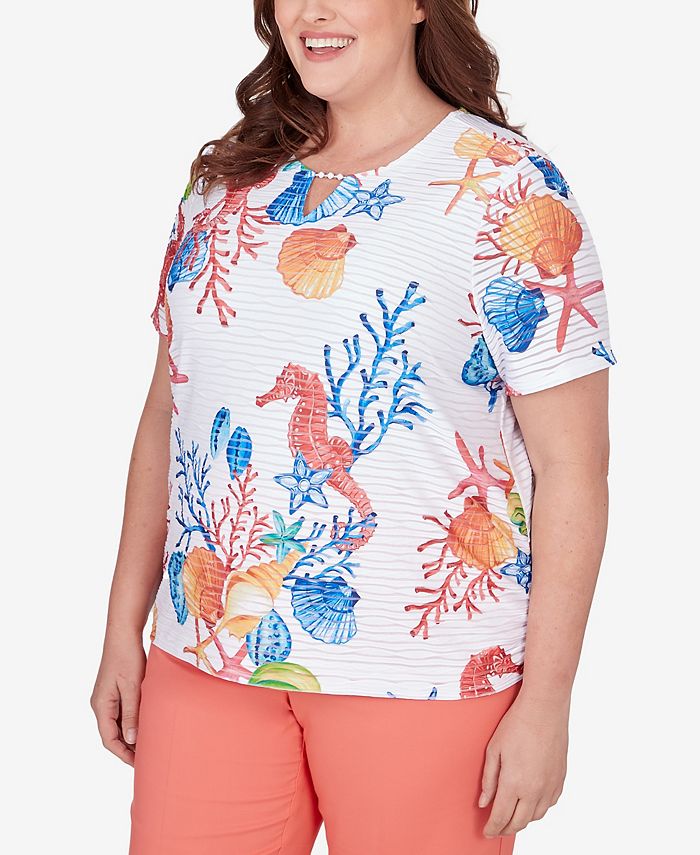 Alfred Dunner Plus Size Neptune Beach Seahorse Textured Short Sleeve ...