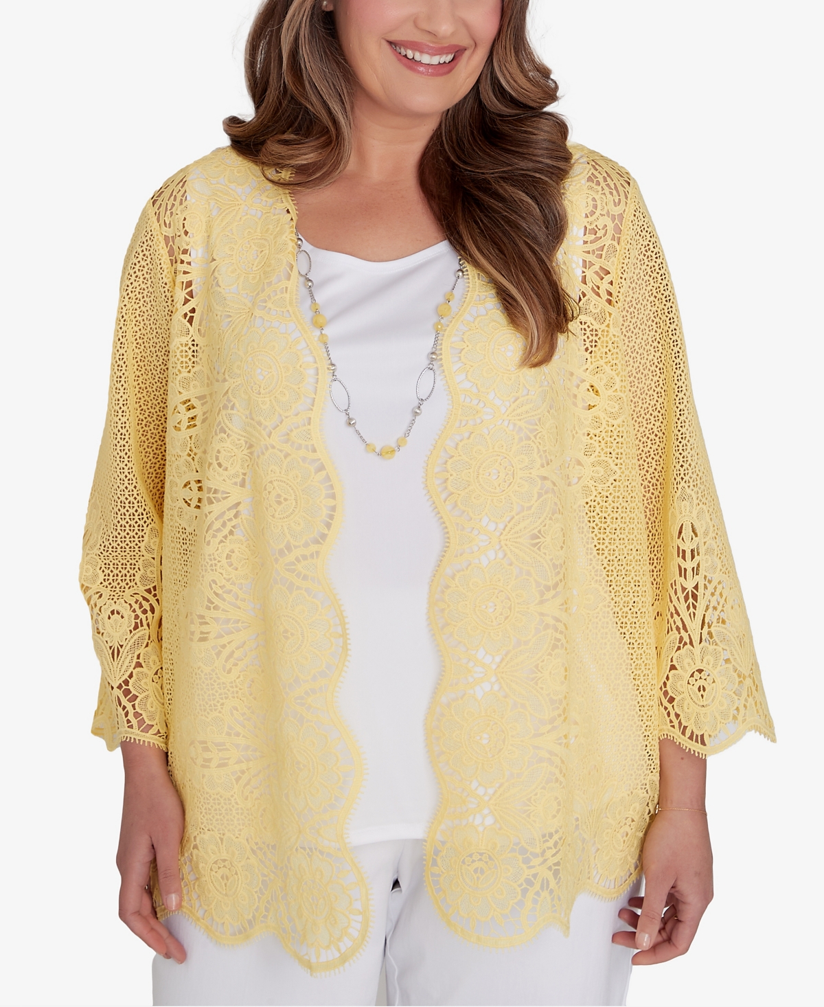 Shop Alfred Dunner Plus Size Charleston Lace Two For One Top With Detachable Necklace In Yellow