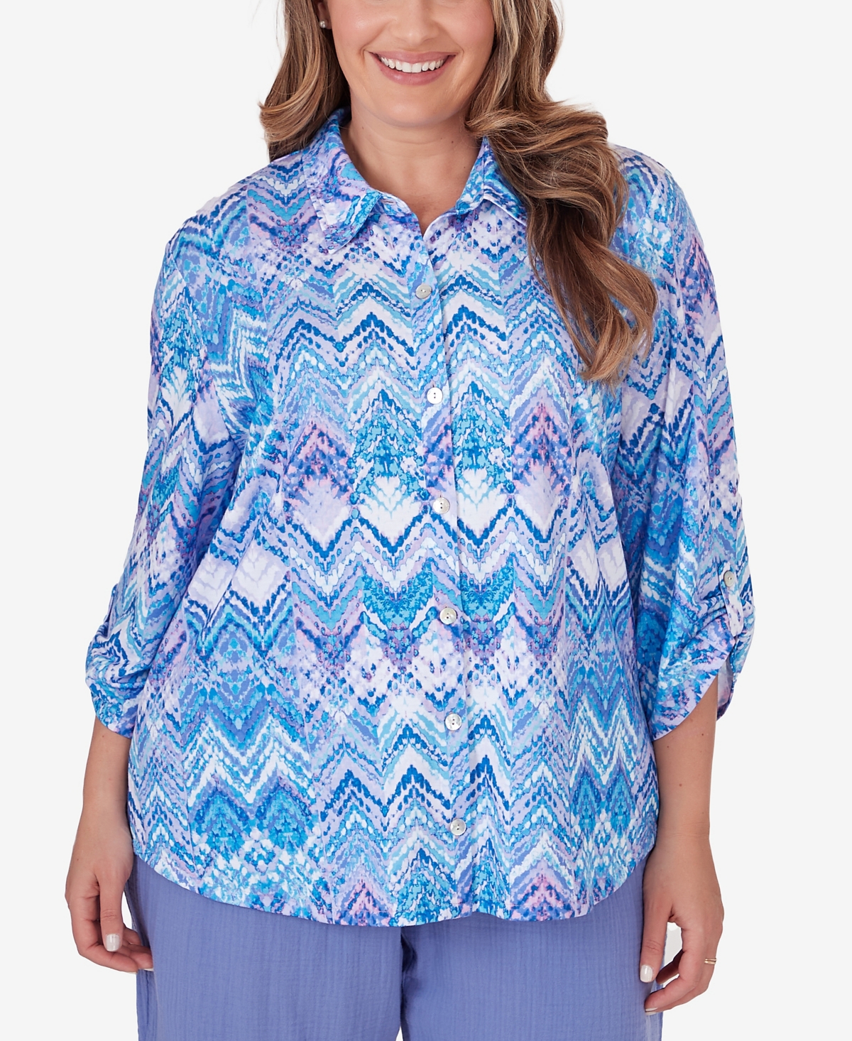 Alfred Dunner Plus Size Summer Breeze Zig Zag Button Down Blouse In Multi
