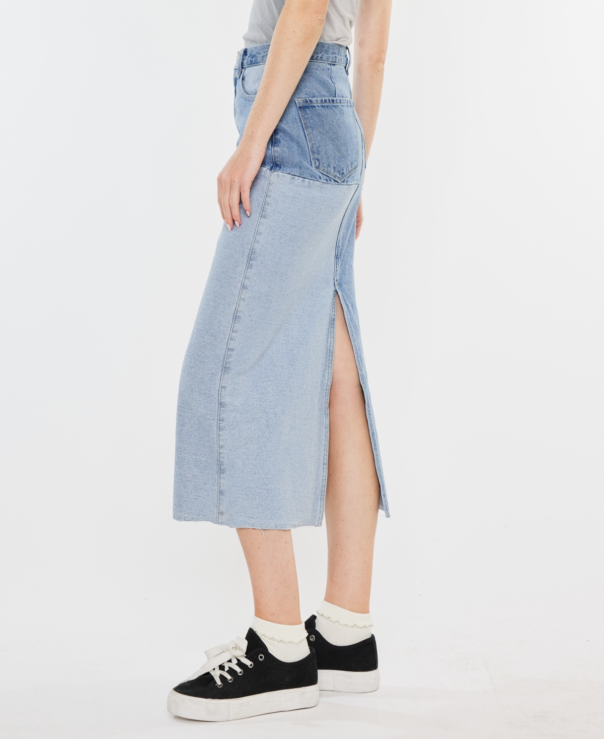 Shop Kancan Women's Two-toned Color Block Denim Midi Skirt In Light Denim