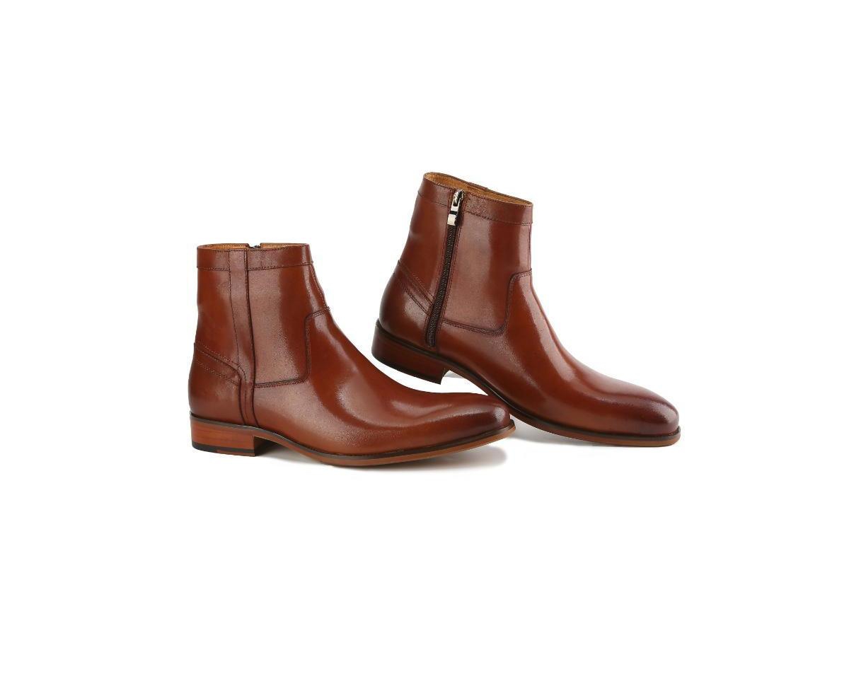 Men's Handcrafted Genuine Leather Side Zip Dress Boot - Brown